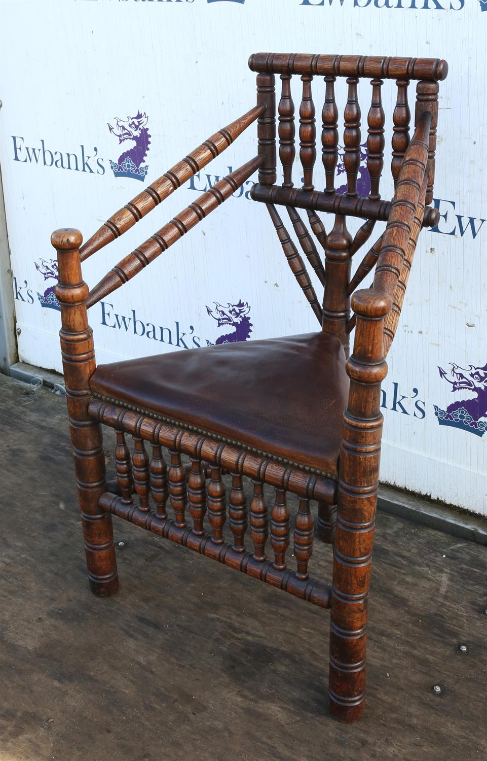 An Edwardian oak turner's chair,1900s, bobbin and ring turned, with later leather inset seat, - Image 3 of 5