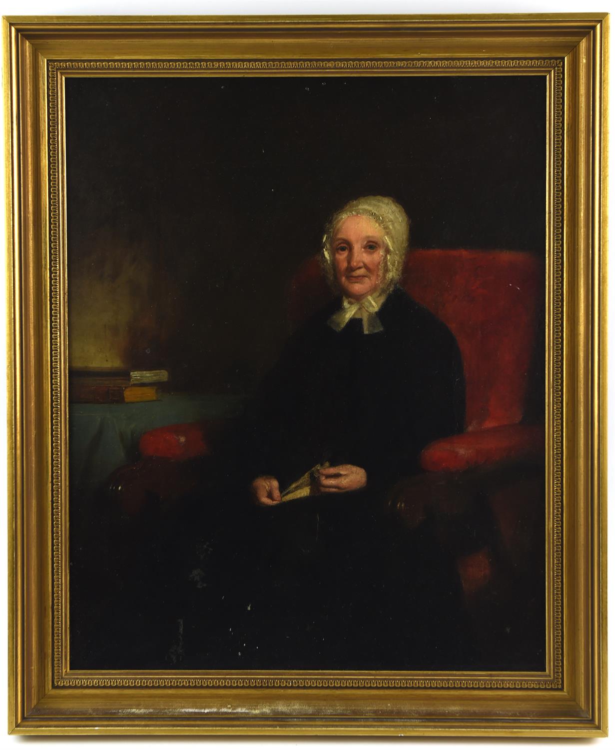 English School (19th century), Portrait of an elderly lady seated in an armchair, oil on canvas,