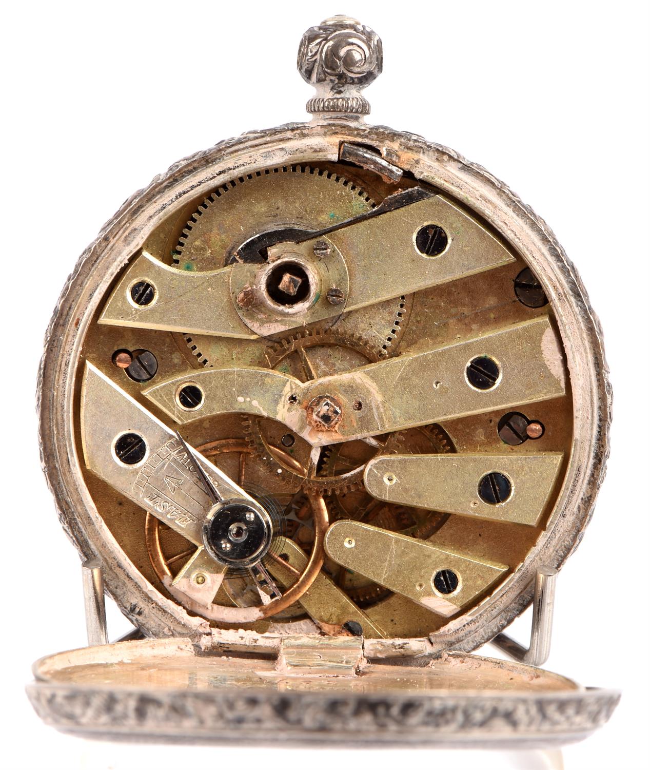 A silver hunter pocket watch with unsigned white enamel dial, keywind movement, a ladies open face - Image 4 of 8