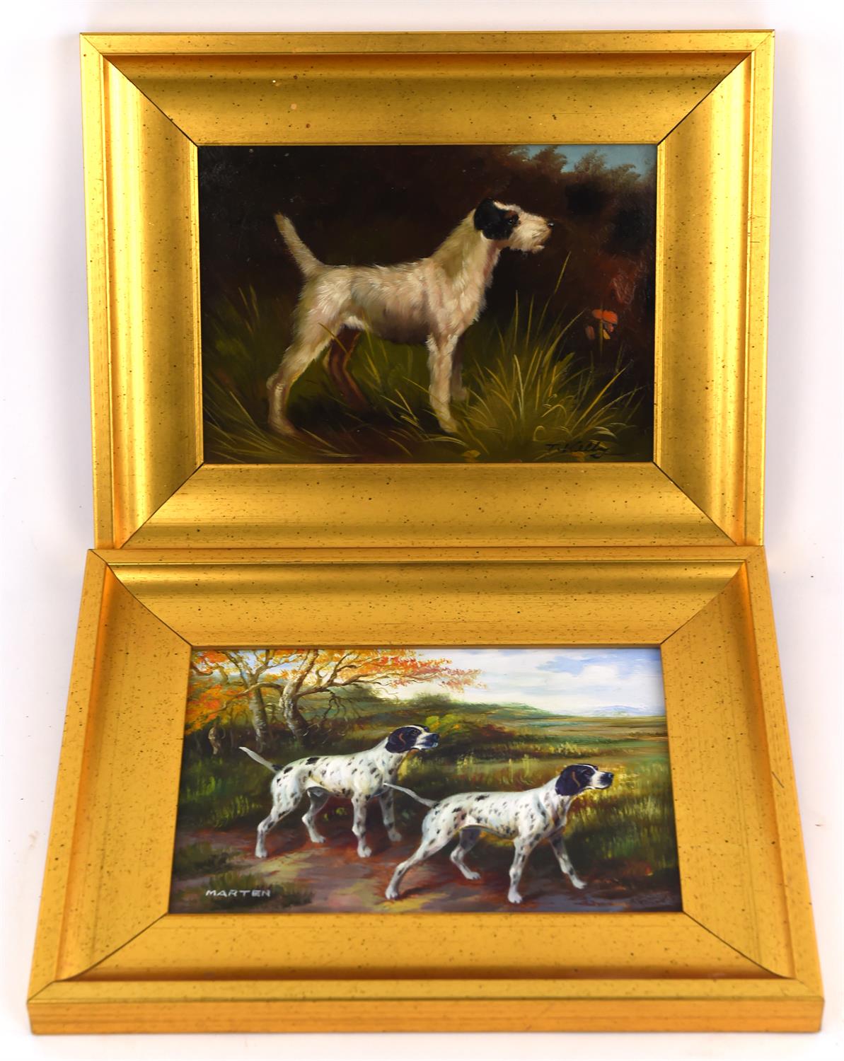 Marten/T. Kelly (late 20th century), Pointers; Terrier, a pair of oil on panel, both signed,