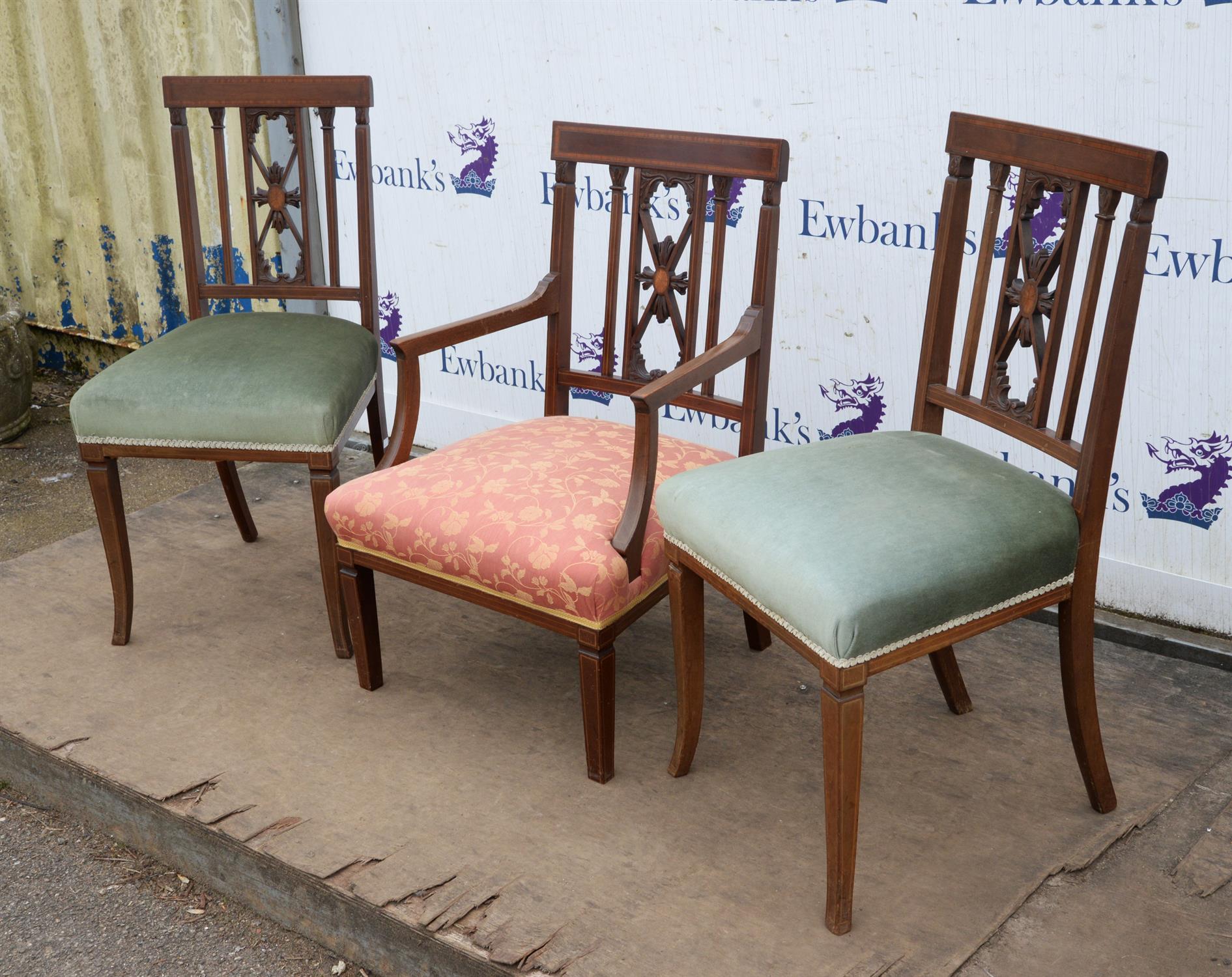 A pair of Edwardian mahogany and crossbanded salon chairs, together with an en suite armchair, - Image 2 of 4