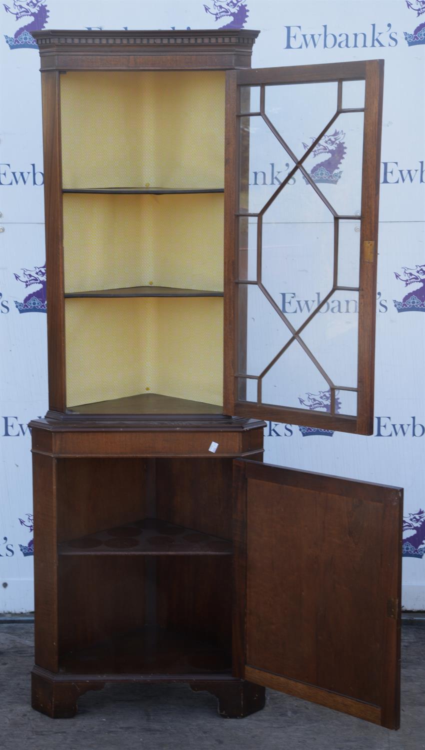 Reproduction mahogany corner cabinet, with glazed door enclosing shelves, on base with panelled - Image 3 of 3