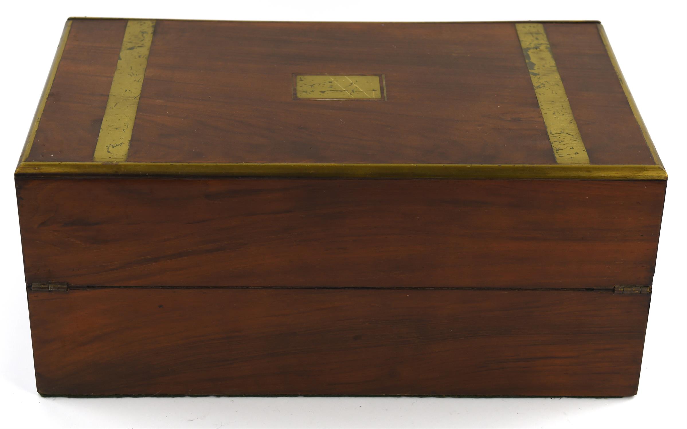 A Victorian walnut and brass bound writing slope, with a fitted interior, W 45cm, D 27cm - Image 2 of 2