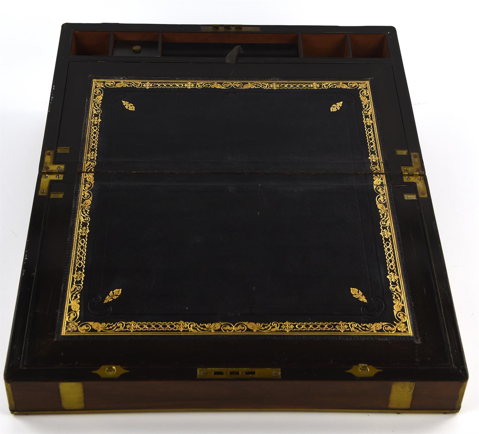 A Victorian walnut and brass bound writing slope, with a fitted interior, W 45cm, D 27cm