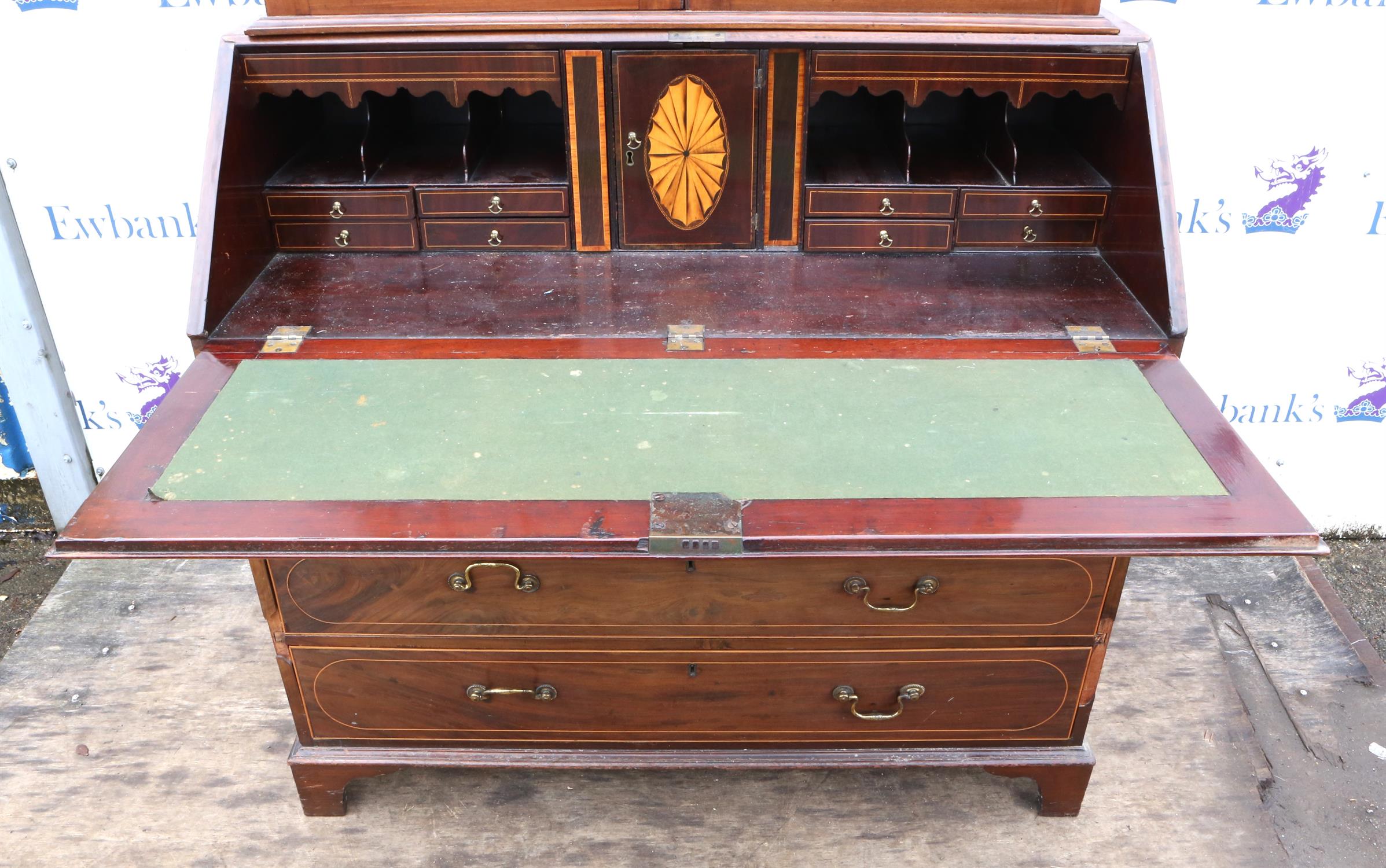 A George III mahogany bureau bookcase, top and base associated, later strung and banded, H 213cm, - Image 9 of 10