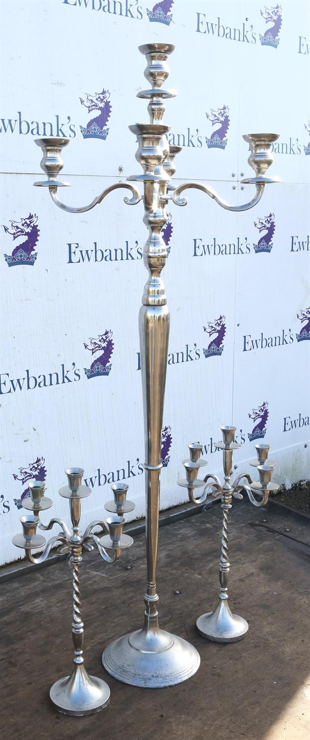 A modern tall silver metal five light candelabra, 155cm high. and a pair of smaller similar - Image 7 of 8