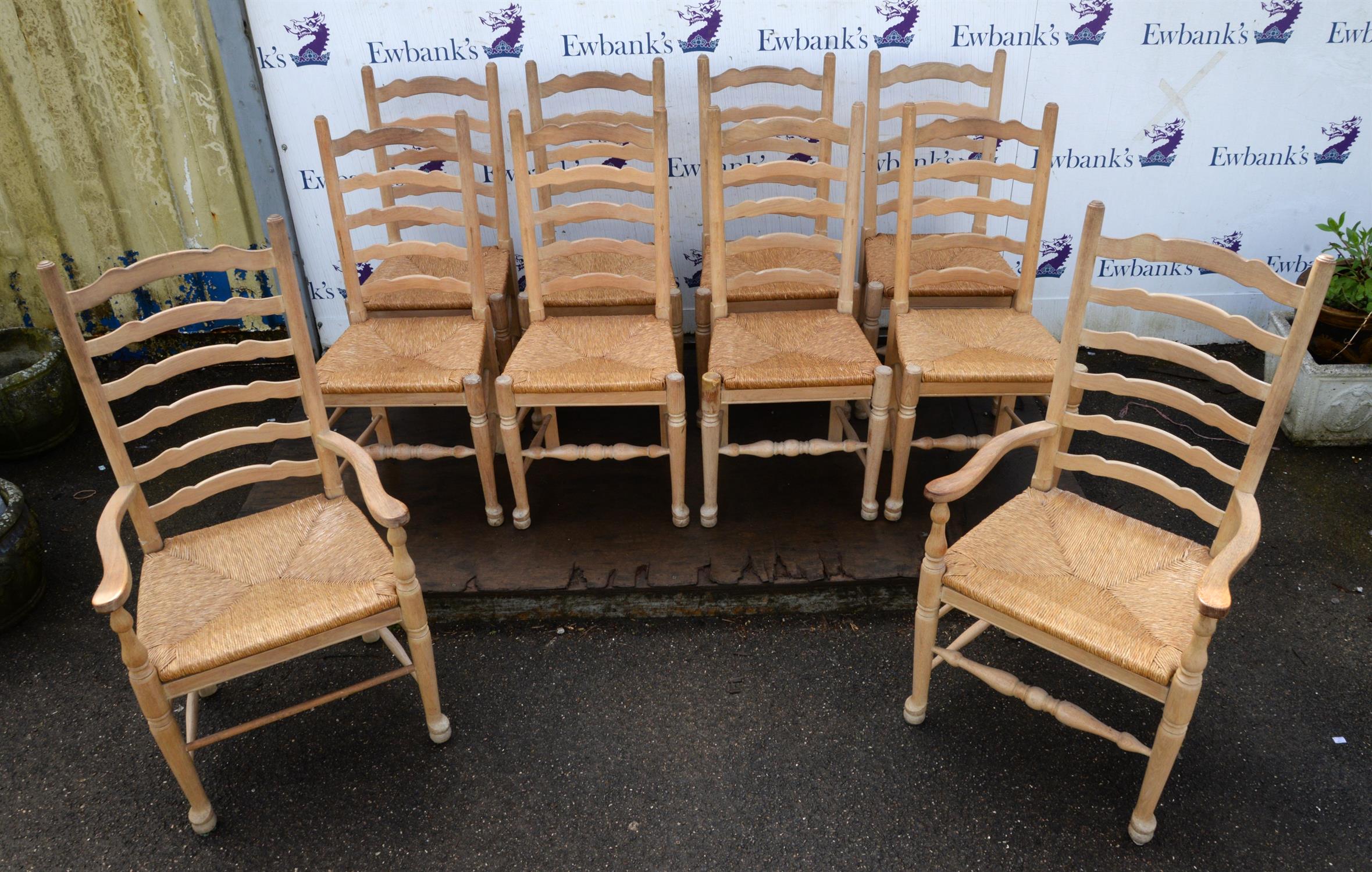 A set of ten George IV style limed oak ladderback chairs, late 20th century, to include a pair of - Image 3 of 3