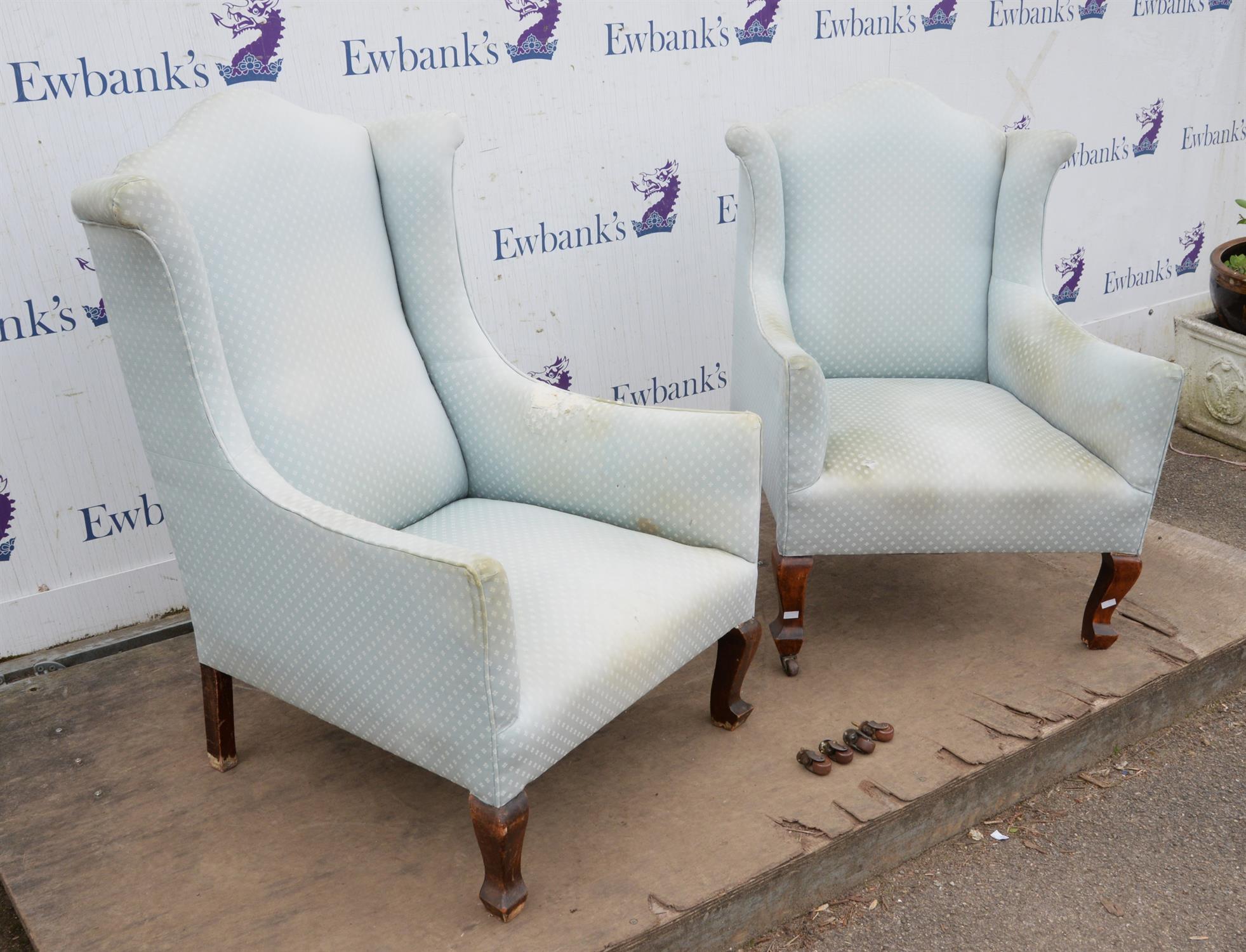 PLEASE NOT THESE CHAIRS ARE NOT A PAIR. A pair of George III style upholstered wing armchairs, - Image 3 of 4