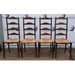 A set of four stained beechwood ladderback chairs, with rush seats, together with a Victorian