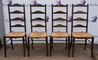 A set of four stained beechwood ladderback chairs, with rush seats, together with a Victorian
