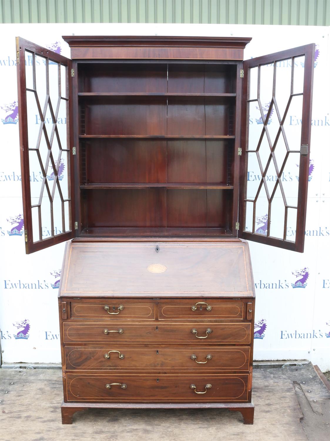 A George III mahogany bureau bookcase, top and base associated, later strung and banded, H 213cm, - Image 6 of 10