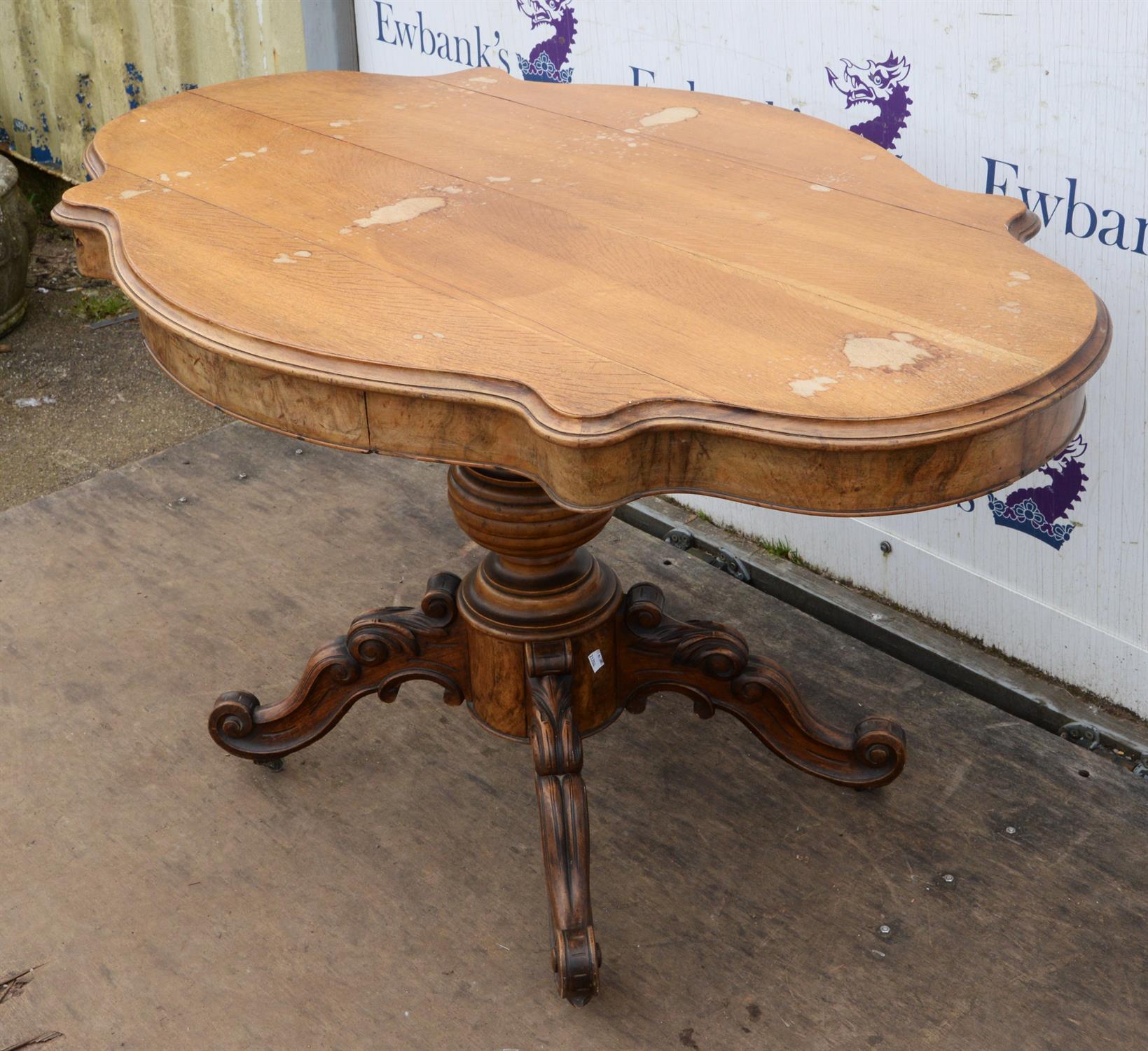 A French Louis XV style centre table, 1840s, the cartouche form oak top above a frieze with two - Image 2 of 3