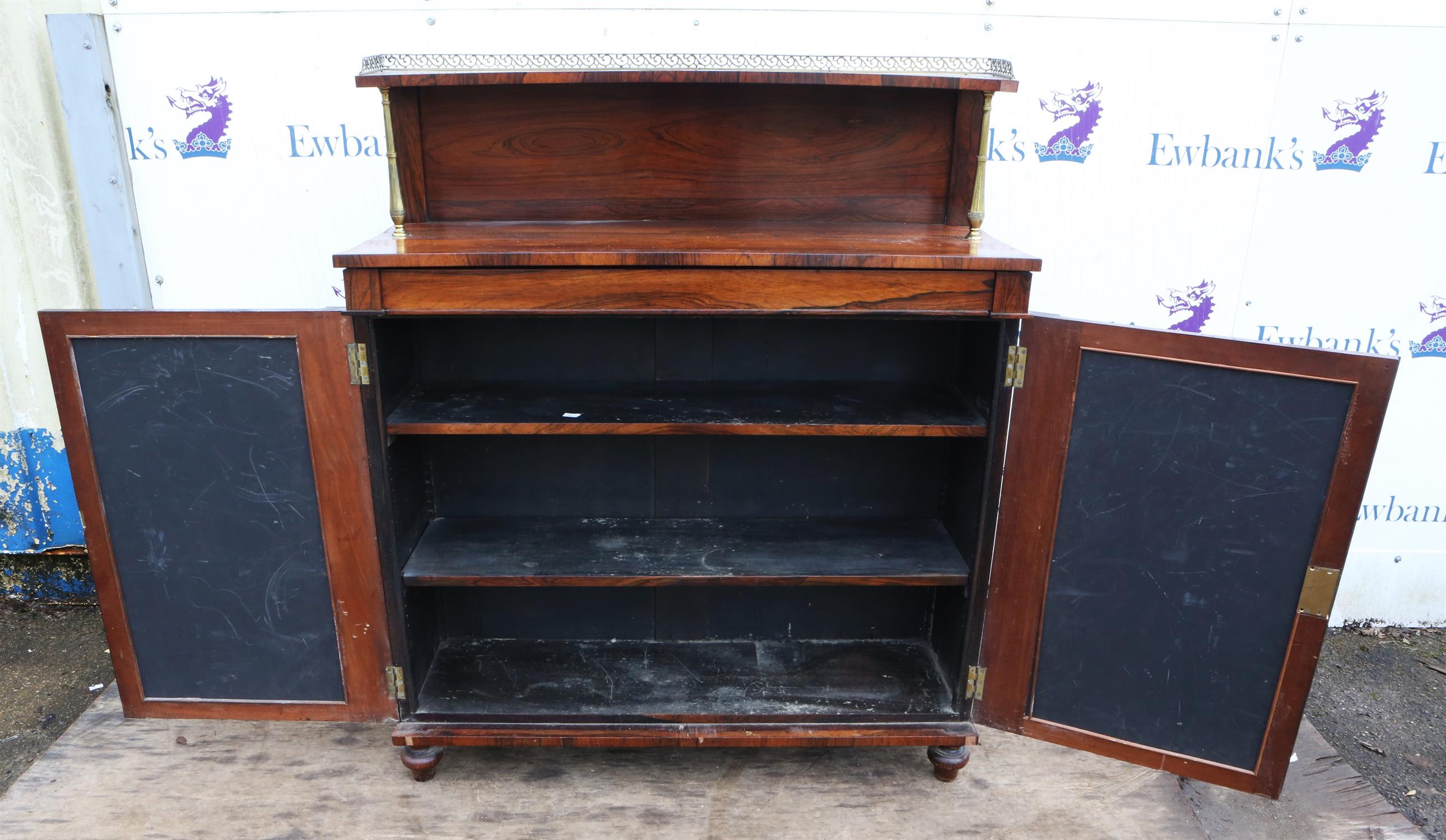 A Regency rosewood side cabinet, the rear gallery on brass supports, the narrow drawer above a pair - Image 5 of 5