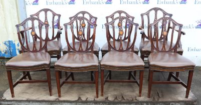 Eight Edwardian mahogany and inlaid Hepplewhite taste dining chairs,