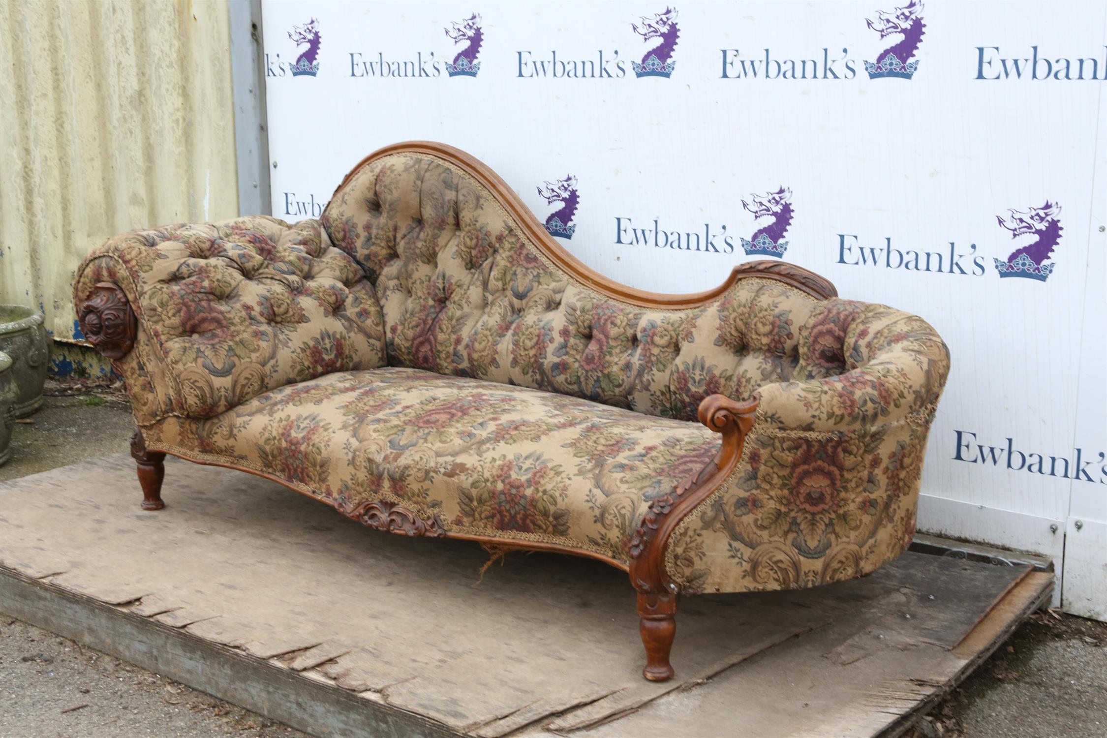 A Victorian walnut and upholstered chaise longue, the arm with a large leaf carved roundel, L 208cm - Image 2 of 4