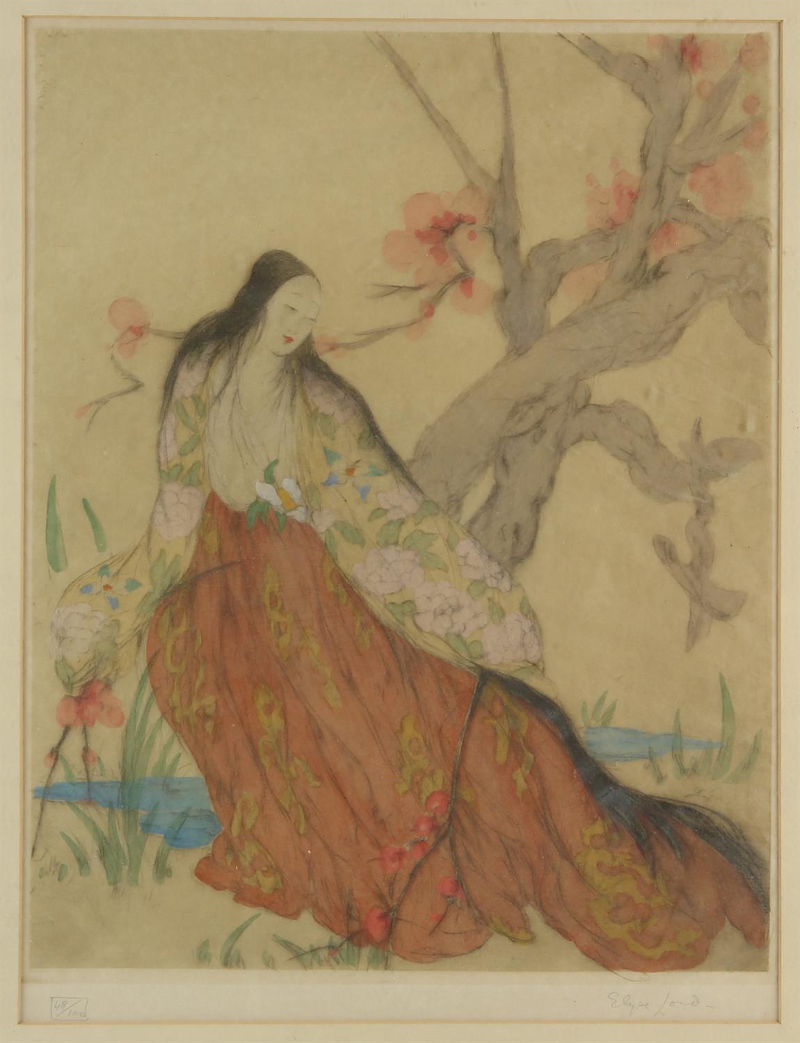 Elyse Ashe Lord (1900-1971), Girl by a blosson tree, colour etching, signed lower right,