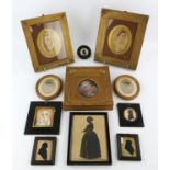 A quantity of assorted silhouettes and portrait miniatures, including a watercolour portrait of a