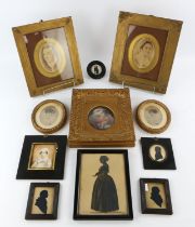 A quantity of assorted silhouettes and portrait miniatures, including a watercolour portrait of a