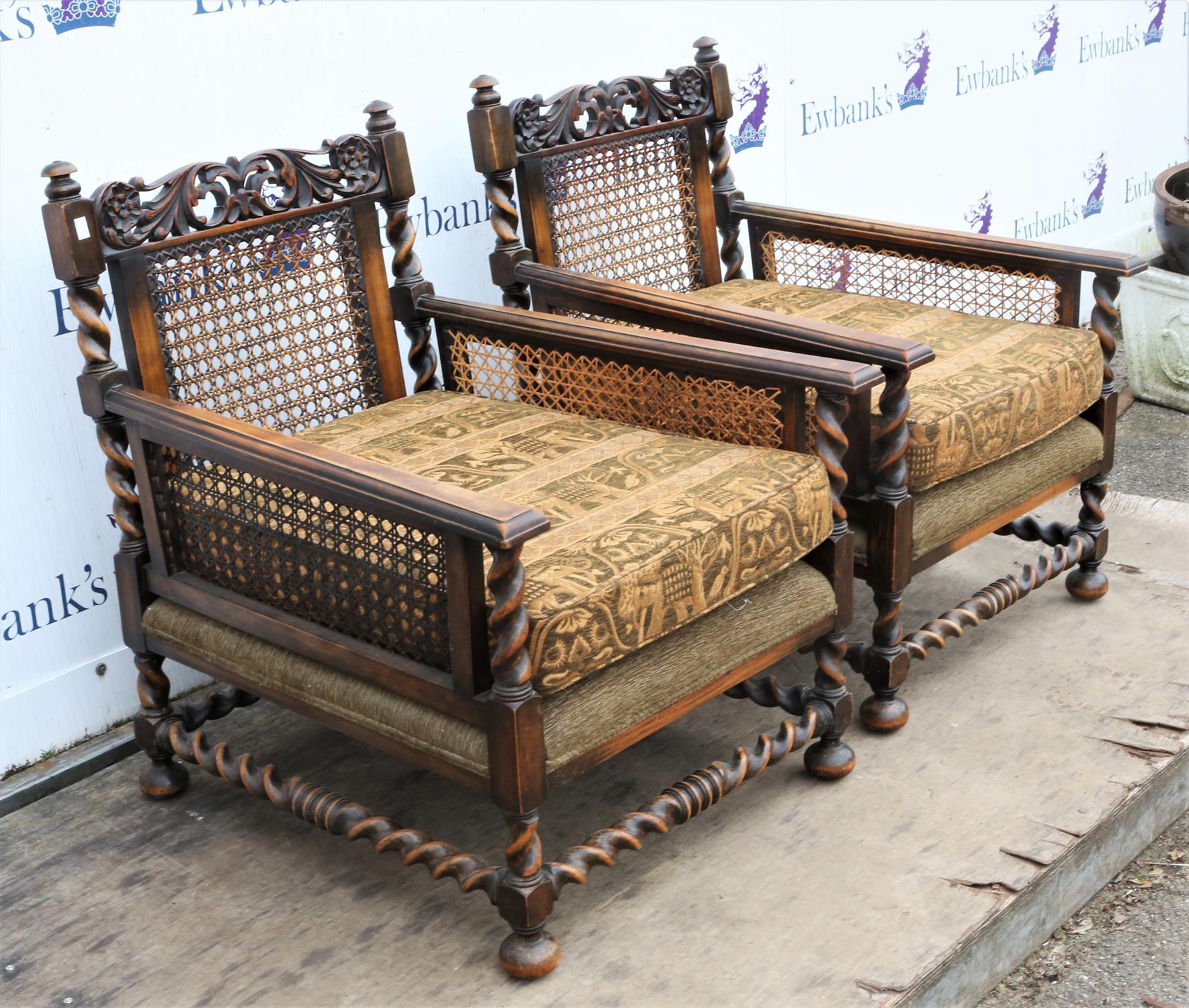 An English walnut and caned three piece bergere suite, in the William and Mary style,1930s, - Image 7 of 8