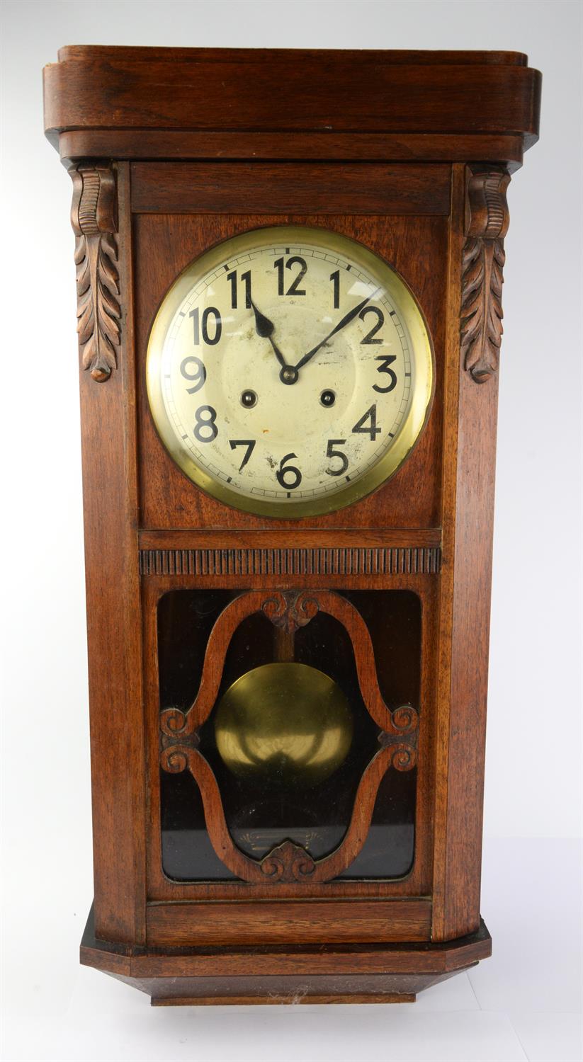 An oak cased two train wall clock. early 20th century, with silvered dial, Arabic numerals brass - Image 2 of 4