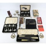 Miscellaneous items to include cutlery, drawing instruments, enamel and other badges