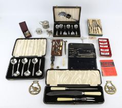 Miscellaneous items to include cutlery, drawing instruments, enamel and other badges