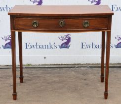 A George III mahogany bowfront side table, inlaid with stringing, the drawer on square tapered legs,