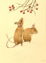 Ken Lilley (1929-1996), Fieldmice in winter, watercolour, signed lower right, 22.5 x 17cm.