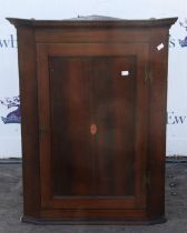 Mahogany corner cupboard, 19th century, dental moulded top with single door, H89 x W68 x D38cm