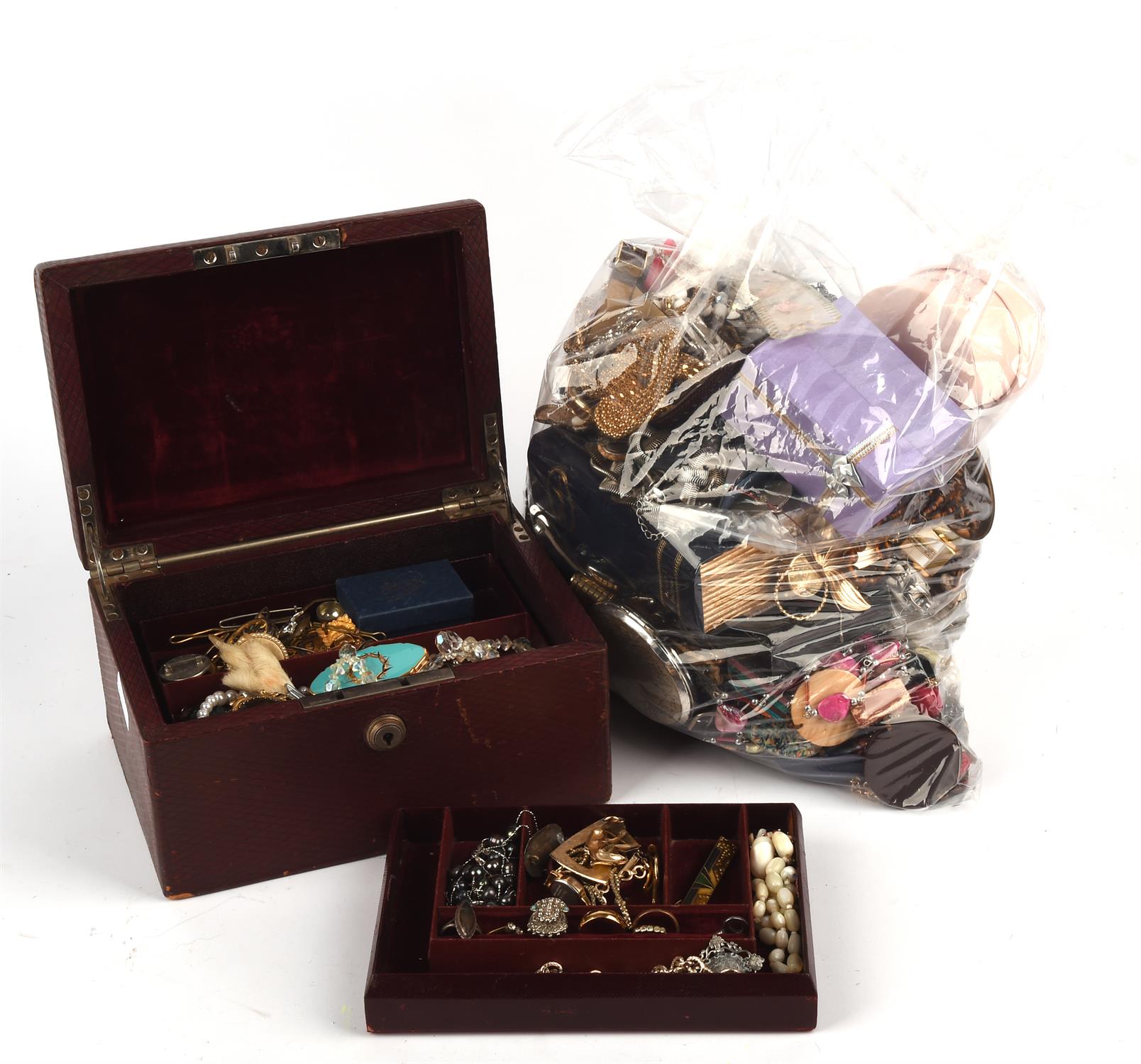 Large quantity of costume jewellery, including rings, costume watches, a compact, bead necklaces.