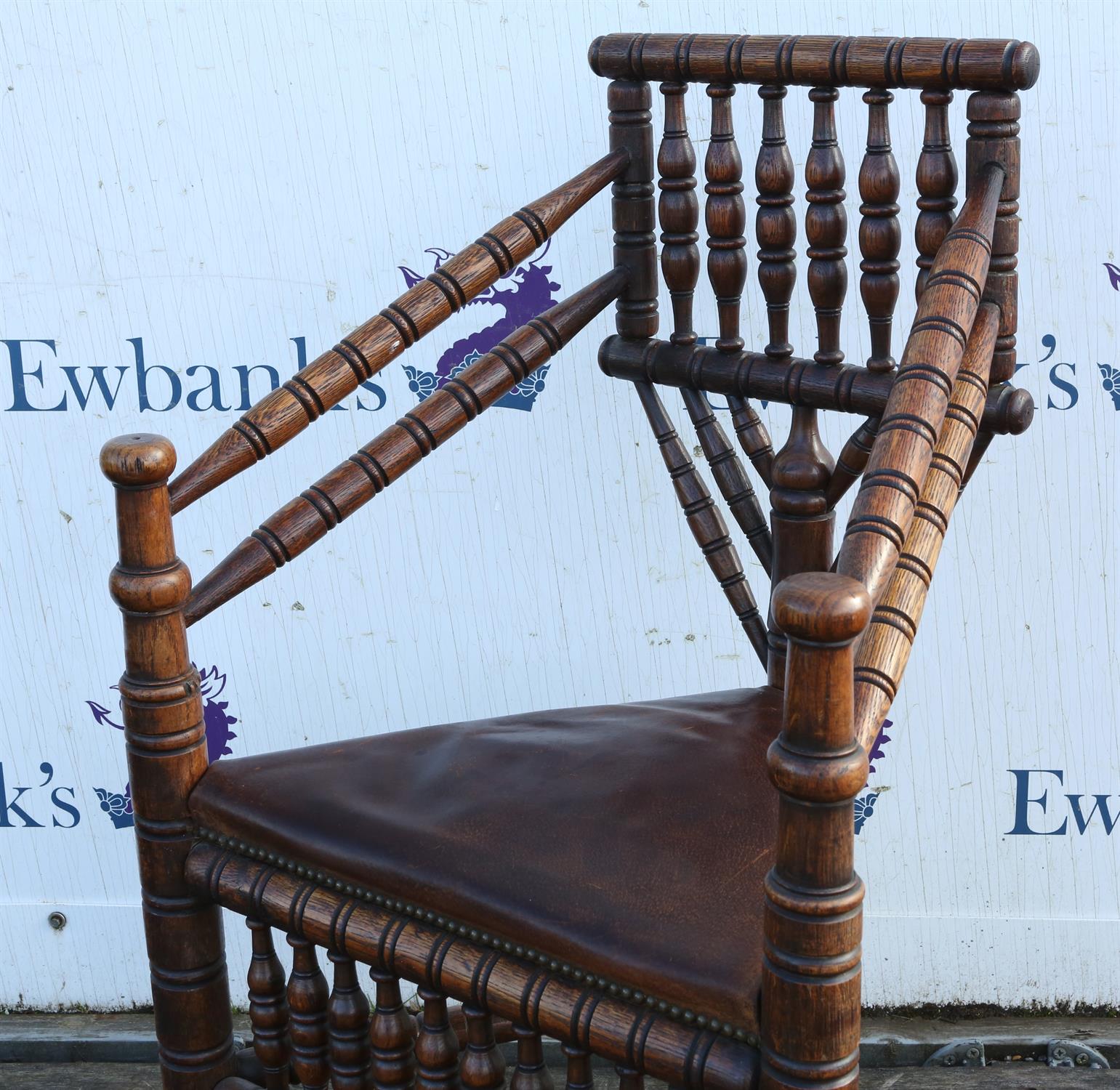 An Edwardian oak turner's chair,1900s, bobbin and ring turned, with later leather inset seat, - Image 4 of 5