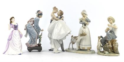 Four Lladro porcelain figure groups including ; Shepherdess with goats, height 25cm, 'Happiest Day',