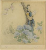Elyse Ashe Lord (1900-1971), Girl with Hydrangeas, colour etching, signed lower right,
