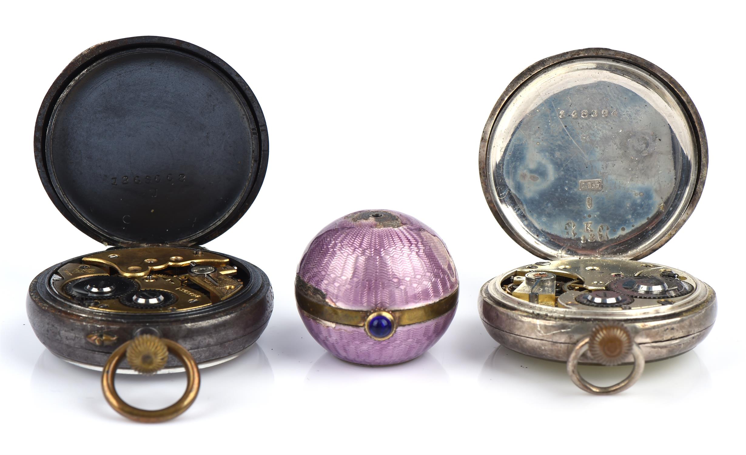 Three watches including two pocket watches and an enamel ball fob watch - an Omega silver open face - Image 3 of 4