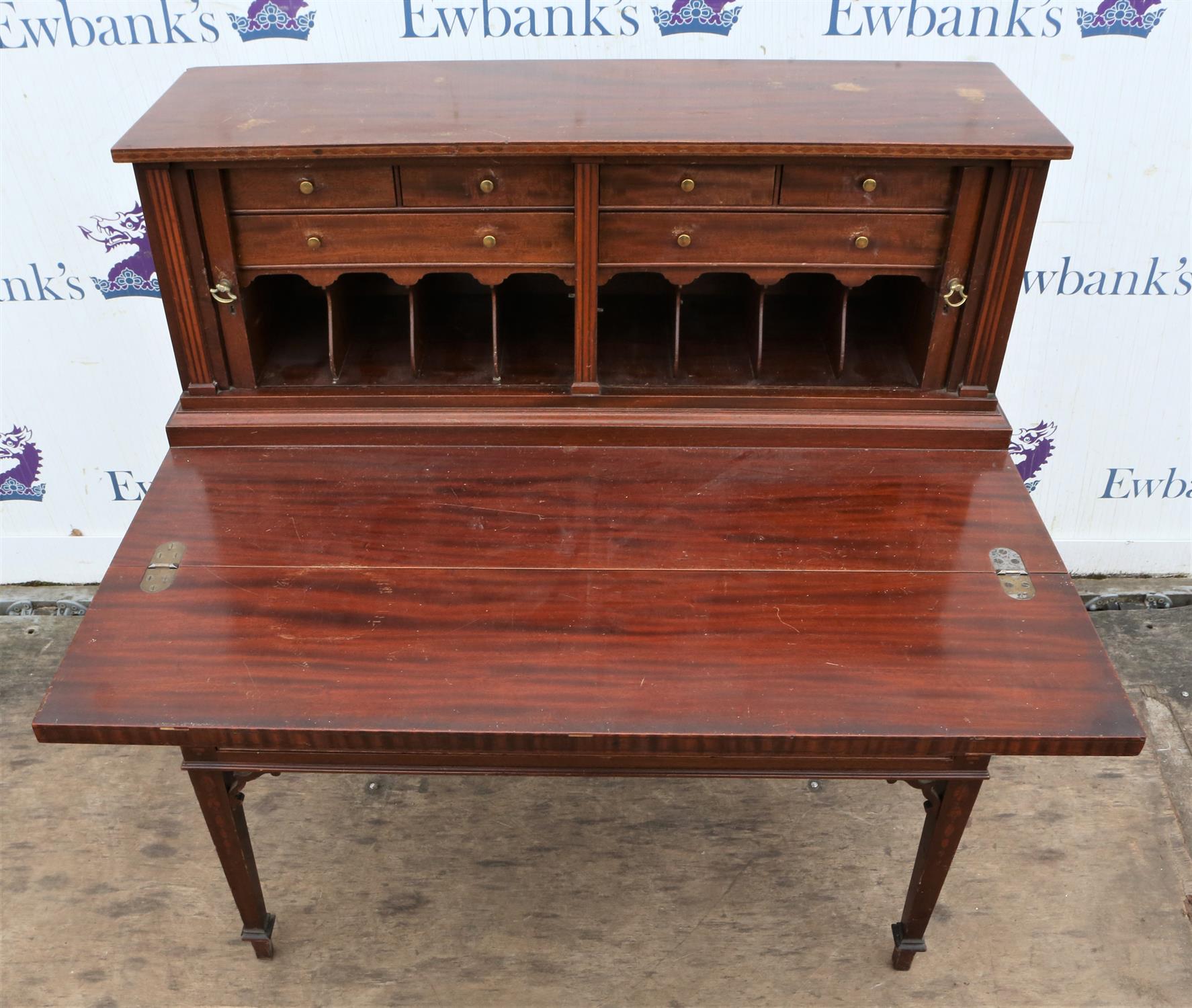 A George III style mahogany writing cabinet, Continental, the upper section with tambour doors - Image 5 of 6