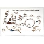 Mainly modern silver jewellery including a diamond pendant, a torque bangle, eight rings,