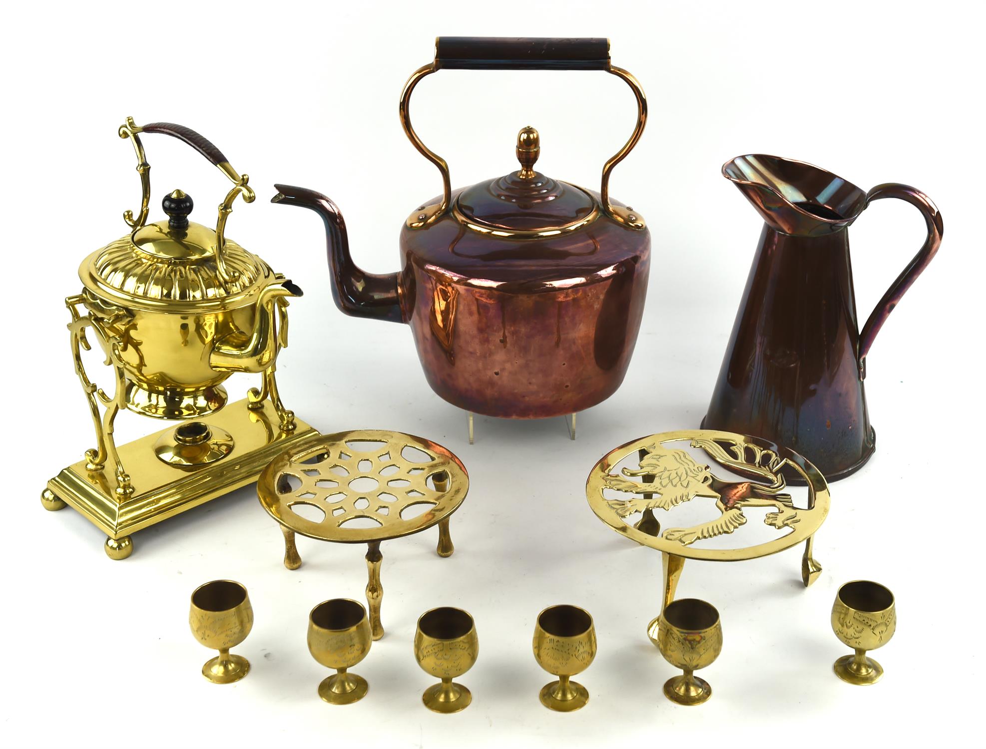 Collection of brass items to comprise a copper kettle, 19th Century, a copper jug,