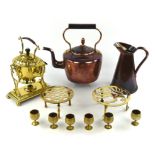 Collection of brass items to comprise a copper kettle, 19th Century, a copper jug,