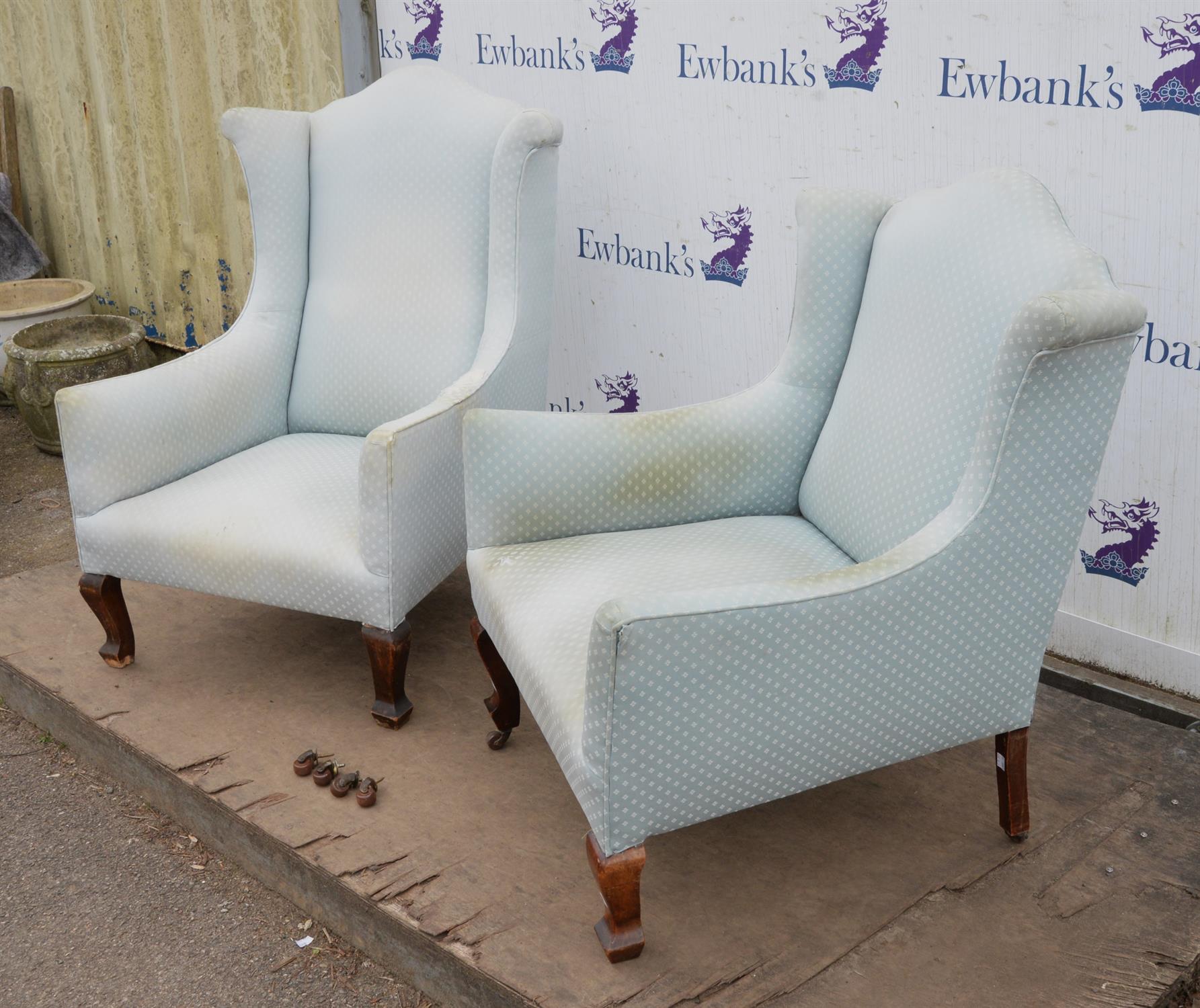 PLEASE NOT THESE CHAIRS ARE NOT A PAIR. A pair of George III style upholstered wing armchairs, - Image 2 of 4