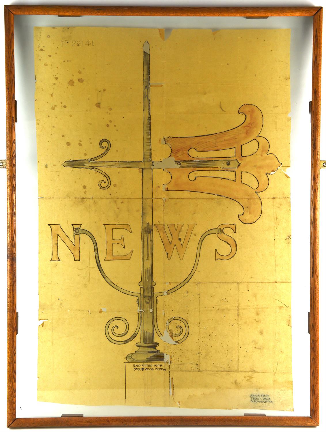 An early 20th century design for a weathervane, on tracing paper, signed lower right, Amor Fenn,