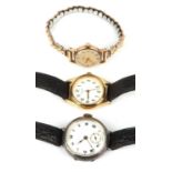 Three wrist watches consisting of an Omega ladies yellow metal wrist watch on expanding bracelet,