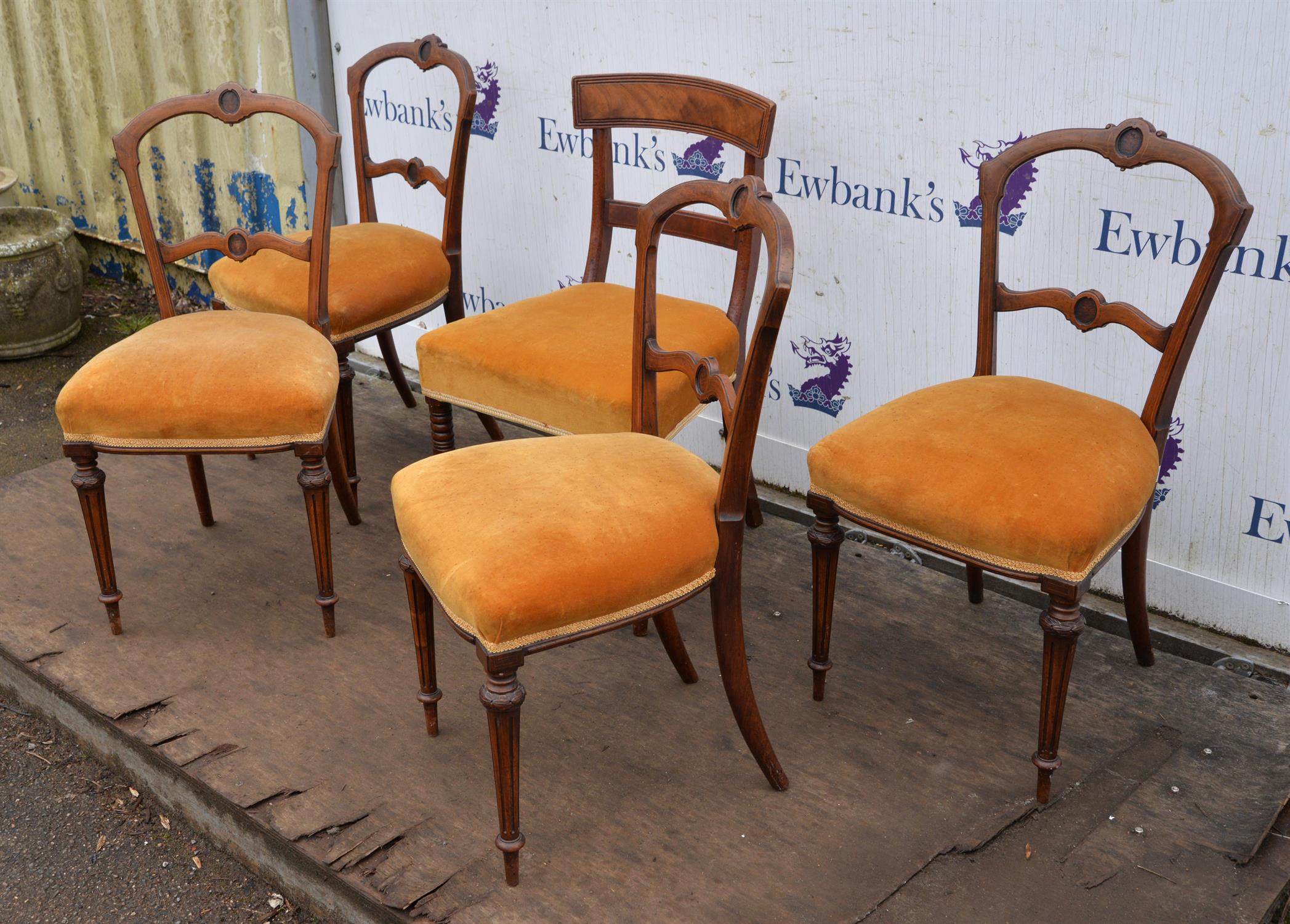 A set of four late Victorian rosewood salon chairs, inlaid with stringing, on fluted legs, - Image 3 of 4