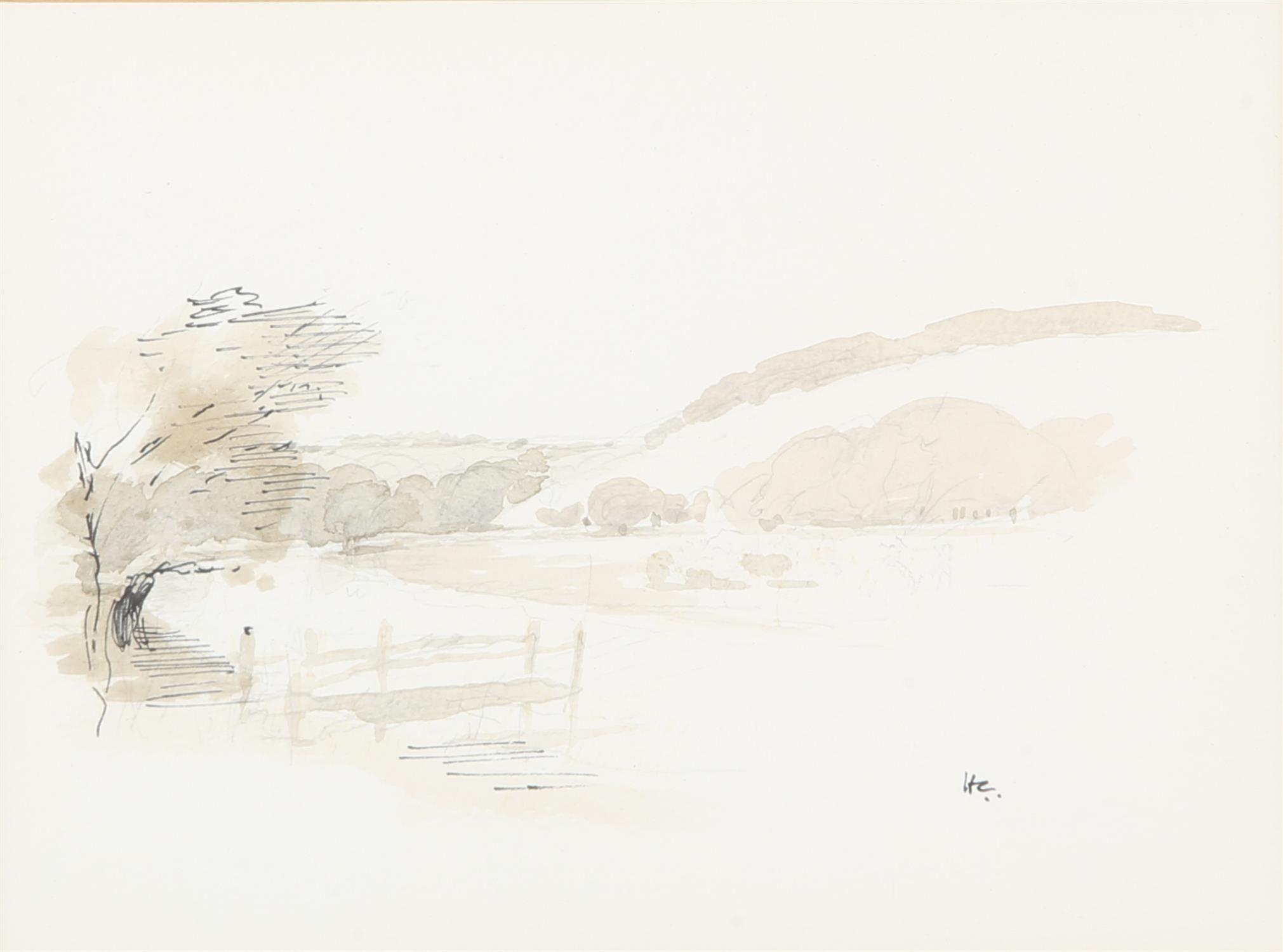 Hugh Casson (1910-1999), Lake Landscape, watercolour, pen and in, initialled lower right, 17 x 23cm.
