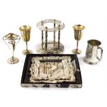 Two silver vases and a collection of silver plated items