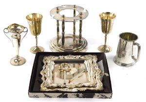 Two silver vases and a collection of silver plated items