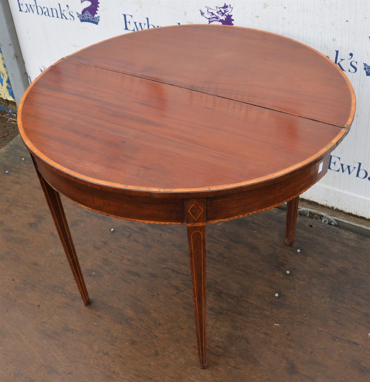 A George III mahogany demi lune tea table, later inlaid, H 75cm, W 91cm, D 45cm - Image 2 of 3