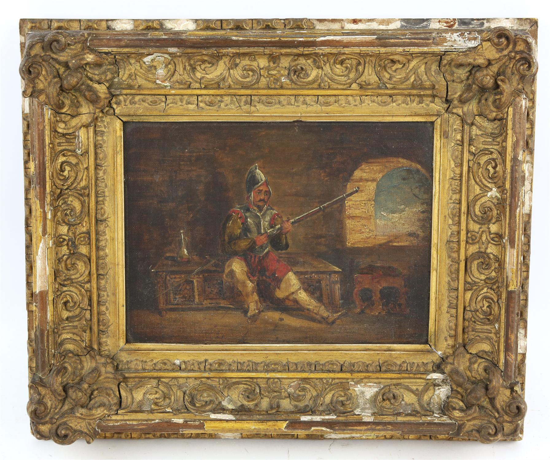 Continental School (19th century), A soldier with a musket in an interior, oil on canvas, 15 x 19cm.