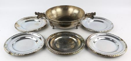 A large quantity of Chinese silver plated serving dishes, oval and circular dish rings, plates,