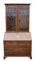 A George III mahogany bureau bookcase, top and base associated, later strung and banded, H 213cm,