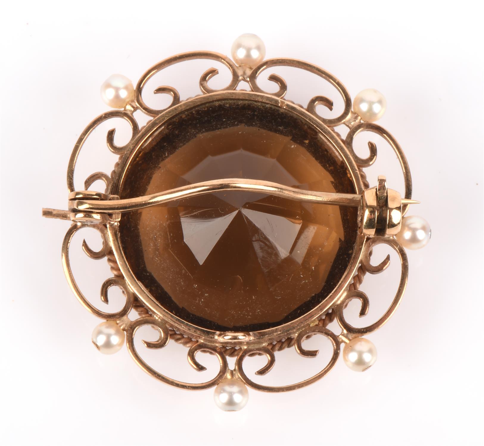 1950's citrine and pearl brooch in 9 ct gold, hallmarked Edinburgh 1959, with pin and roller catch, - Image 2 of 2